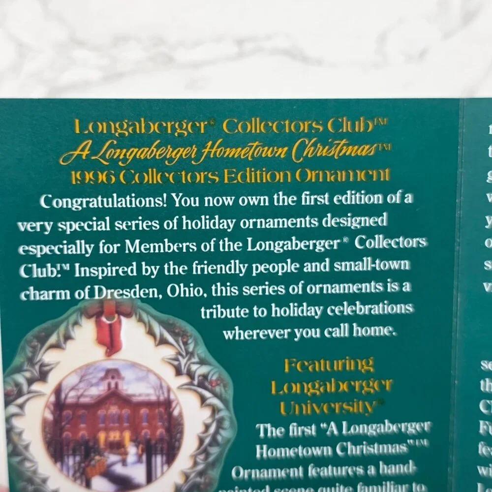 Longaberger Collector Club 1996 Christmas Ornament Dresden Union School Ohio NEW